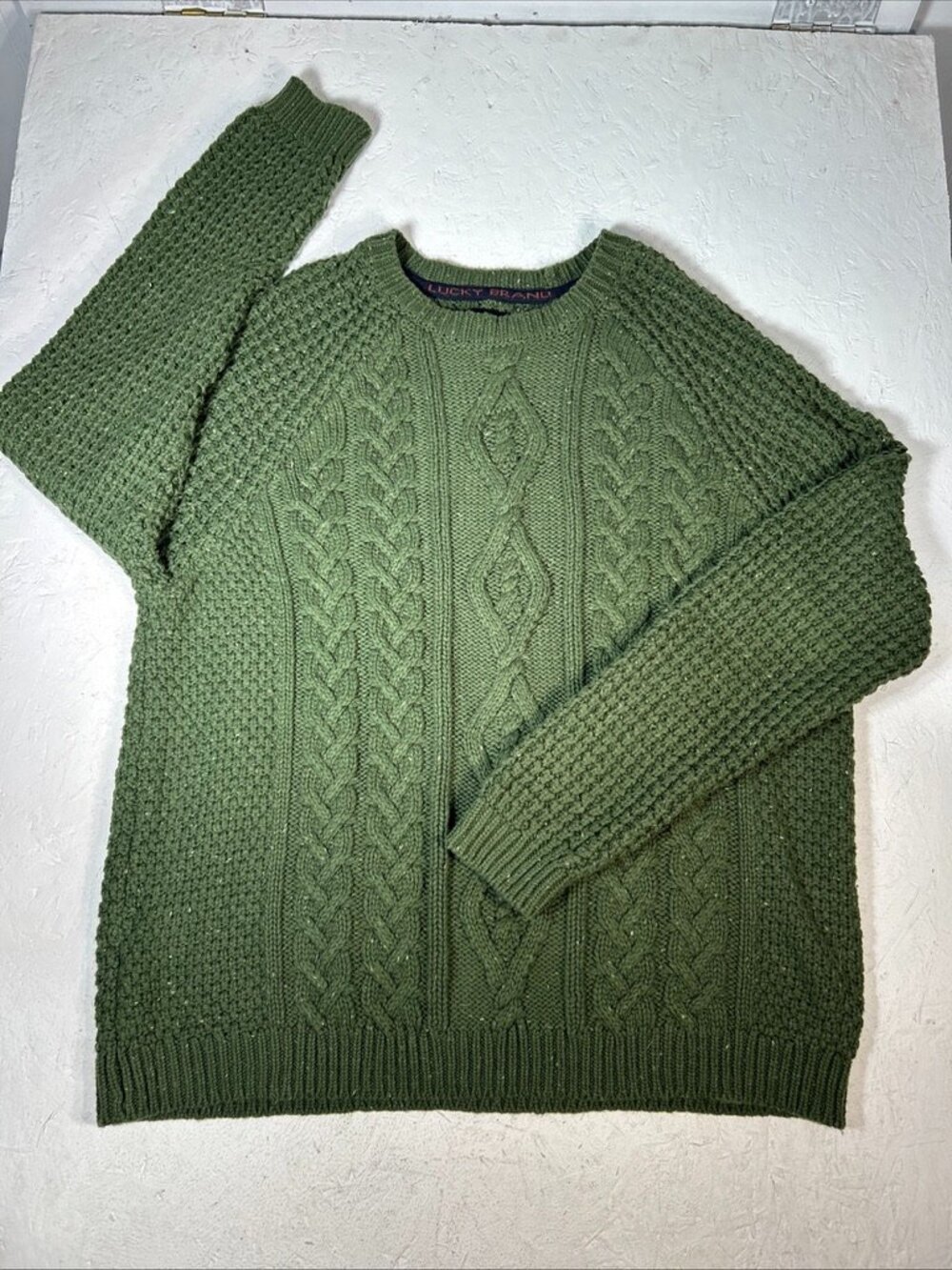 Chunky Cable Knit Fisherman Sweater Mens XXL Green Crewneck Cotton Blend Winter